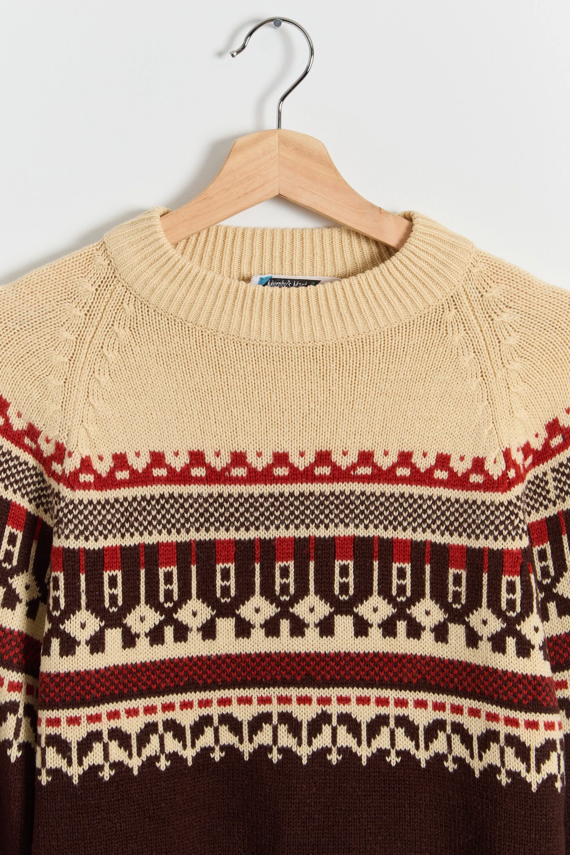 70s Brown Tan Red Fair Isle Crew Sweater M/L