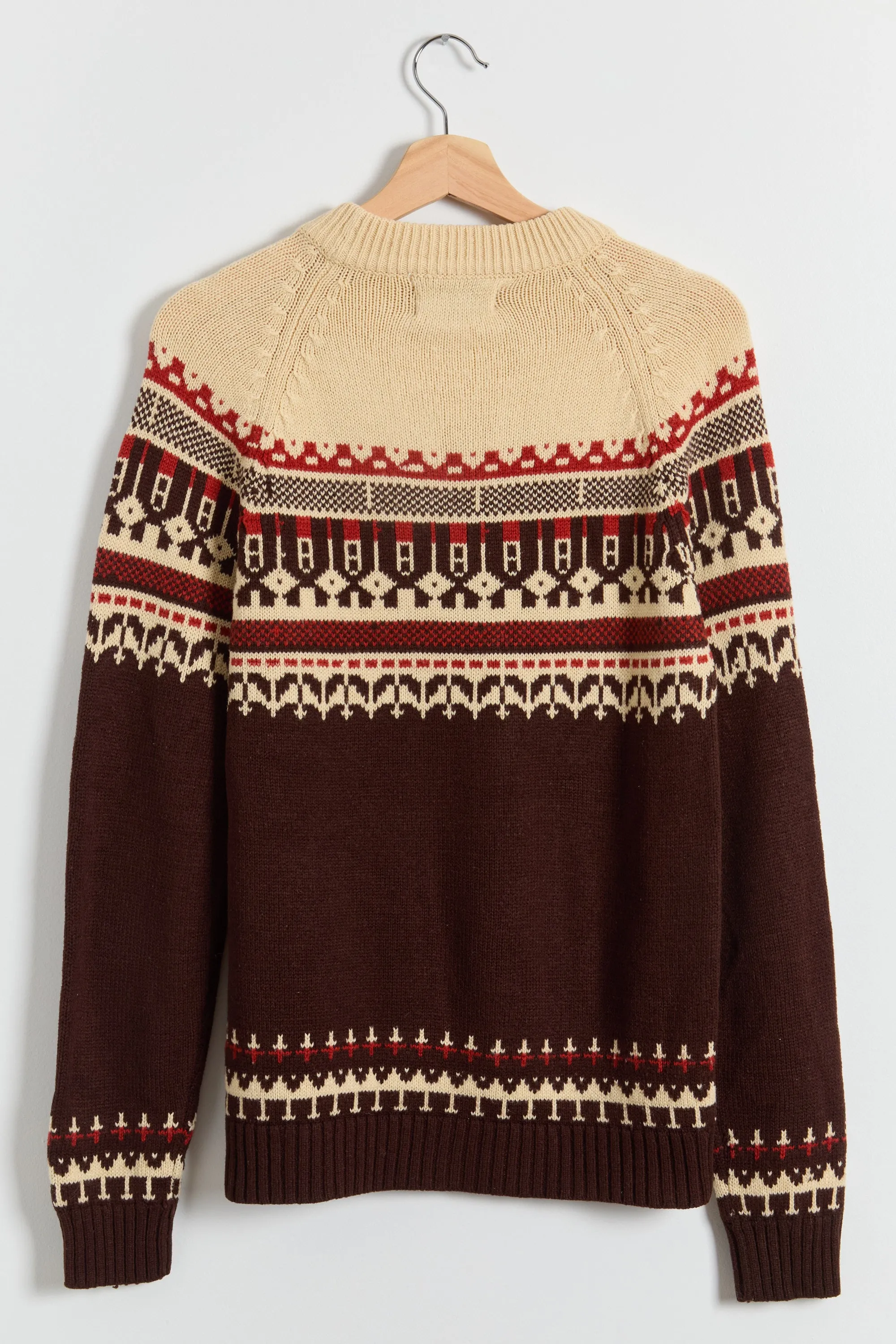 70s Brown Tan Red Fair Isle Crew Sweater M/L