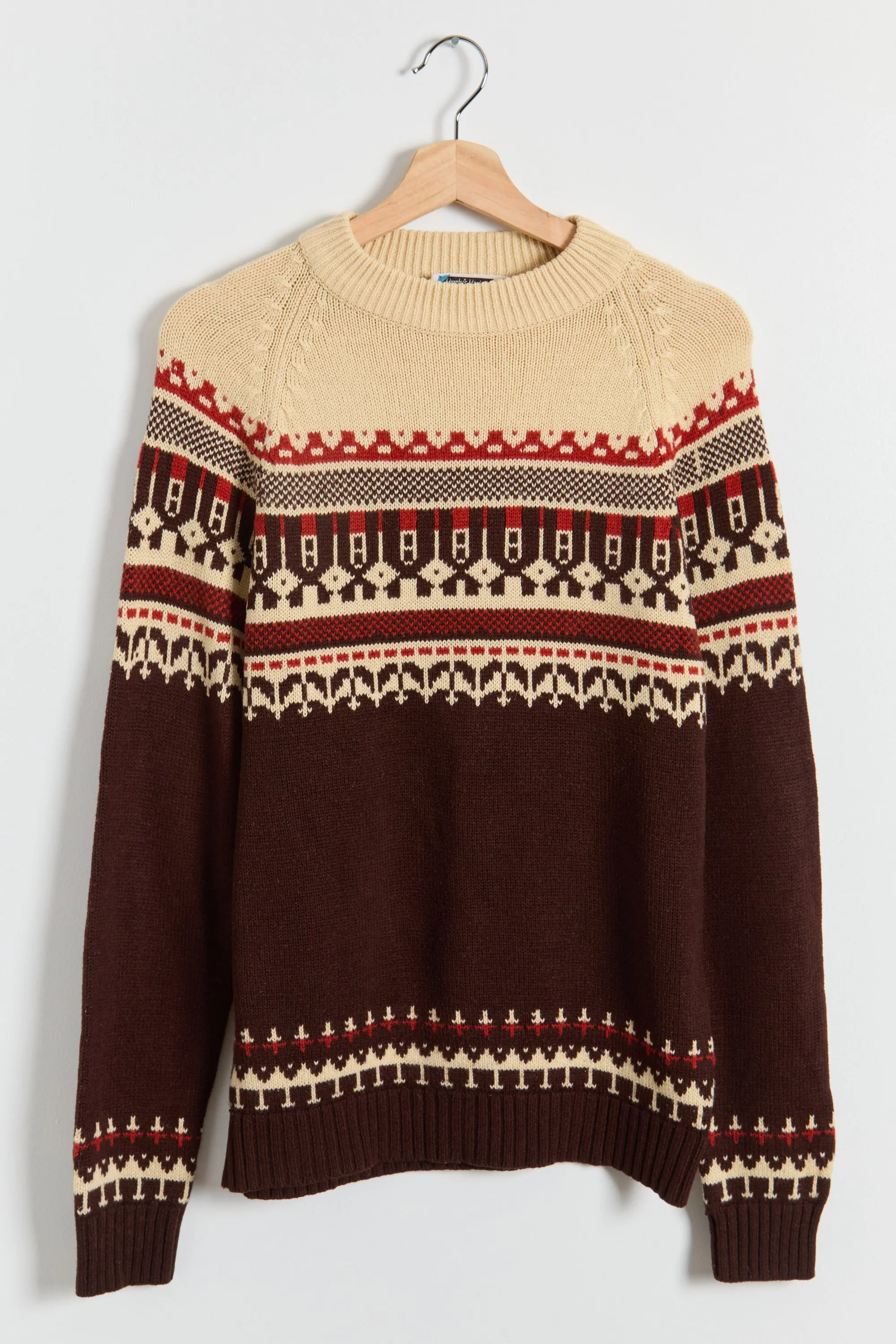 70s Brown Tan Red Fair Isle Crew Sweater M/L