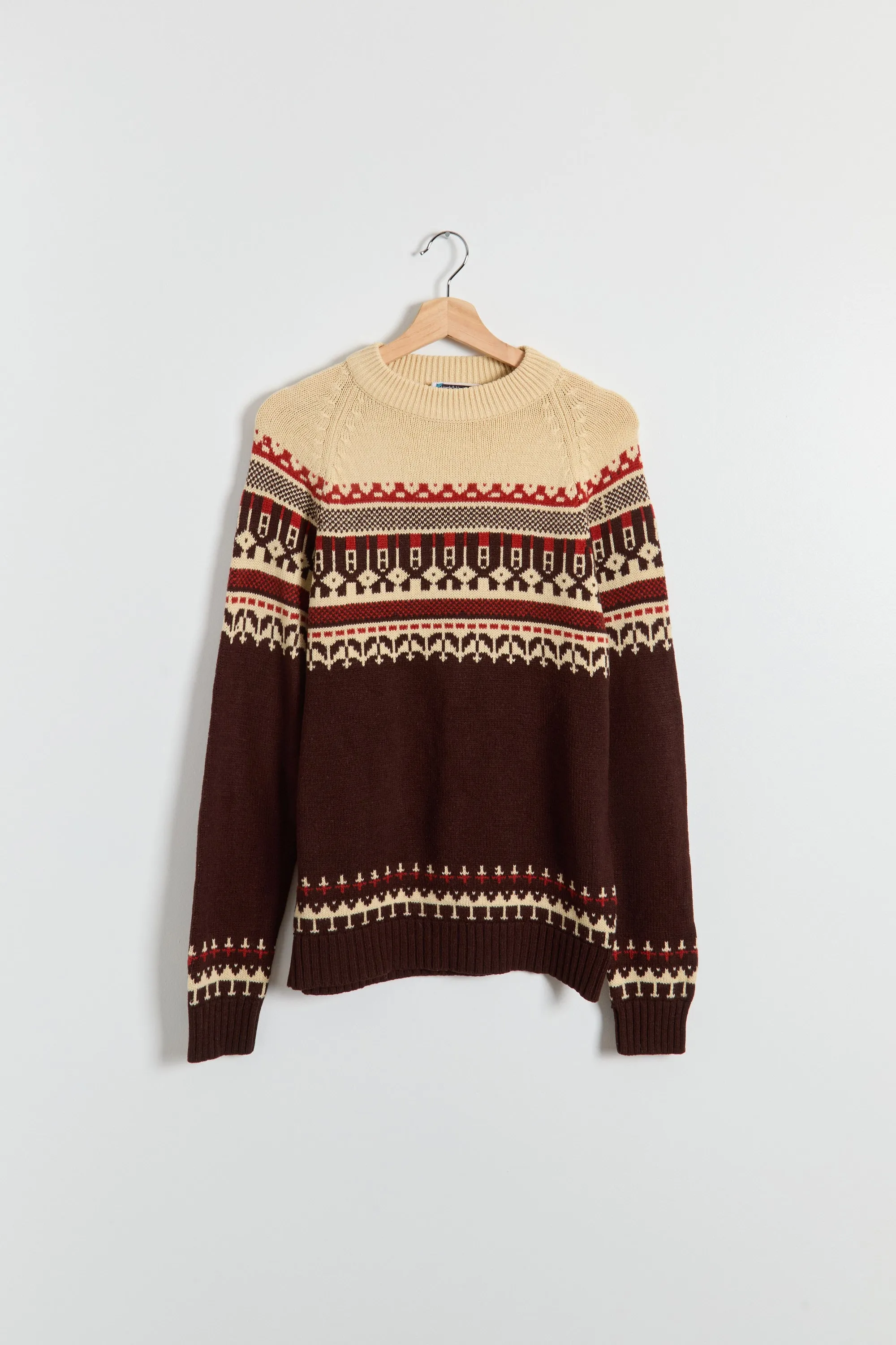 70s Brown Tan Red Fair Isle Crew Sweater M/L