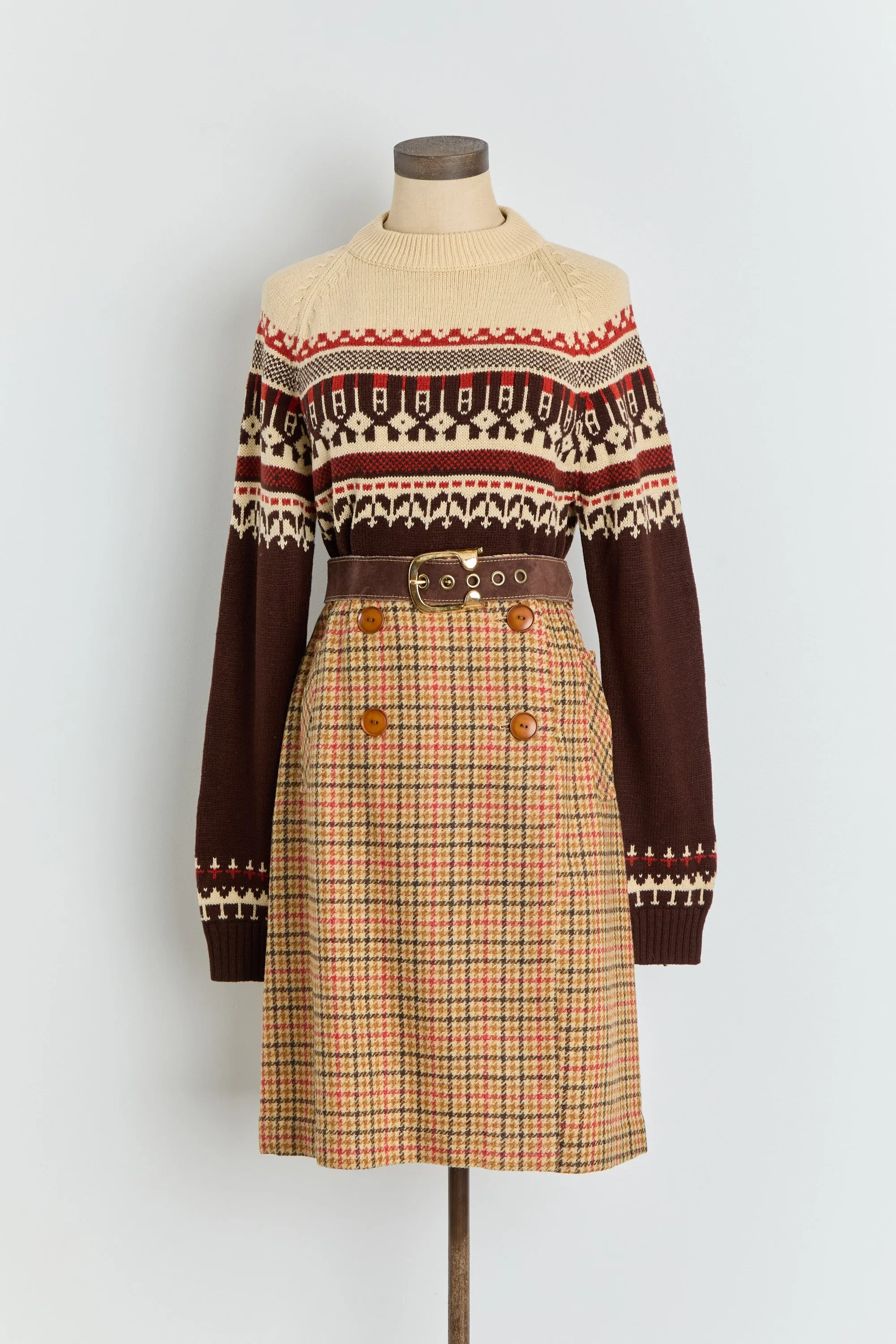 70s Brown Tan Red Fair Isle Crew Sweater M/L