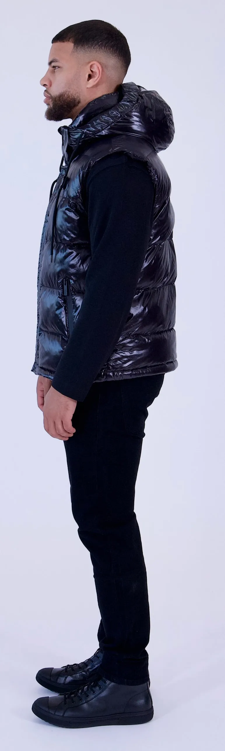 PUFFER VEST | Black Ciré Sheen
