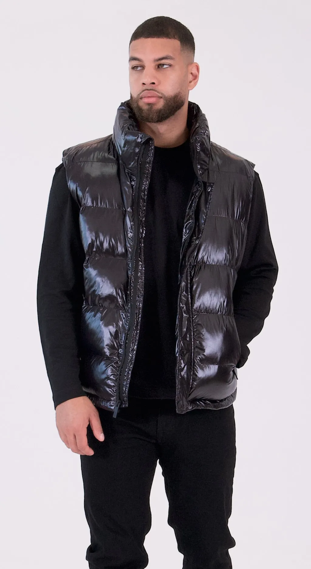 PUFFER VEST | Black Ciré Sheen