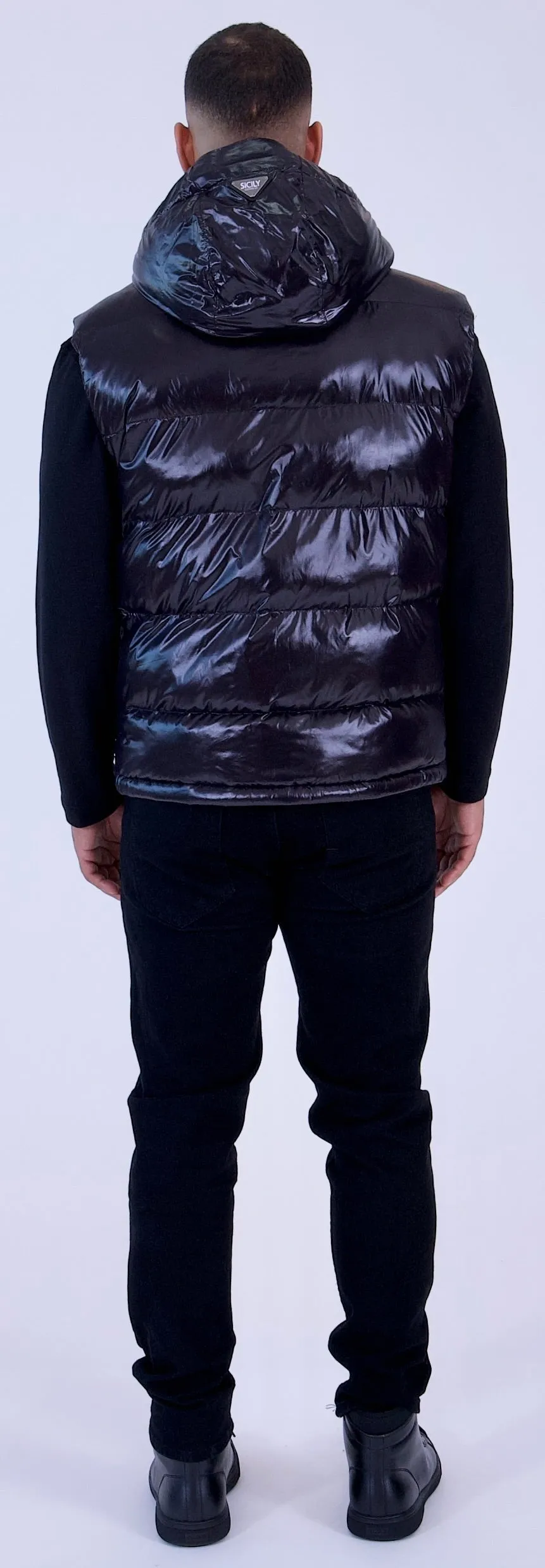 PUFFER VEST | Black Ciré Sheen