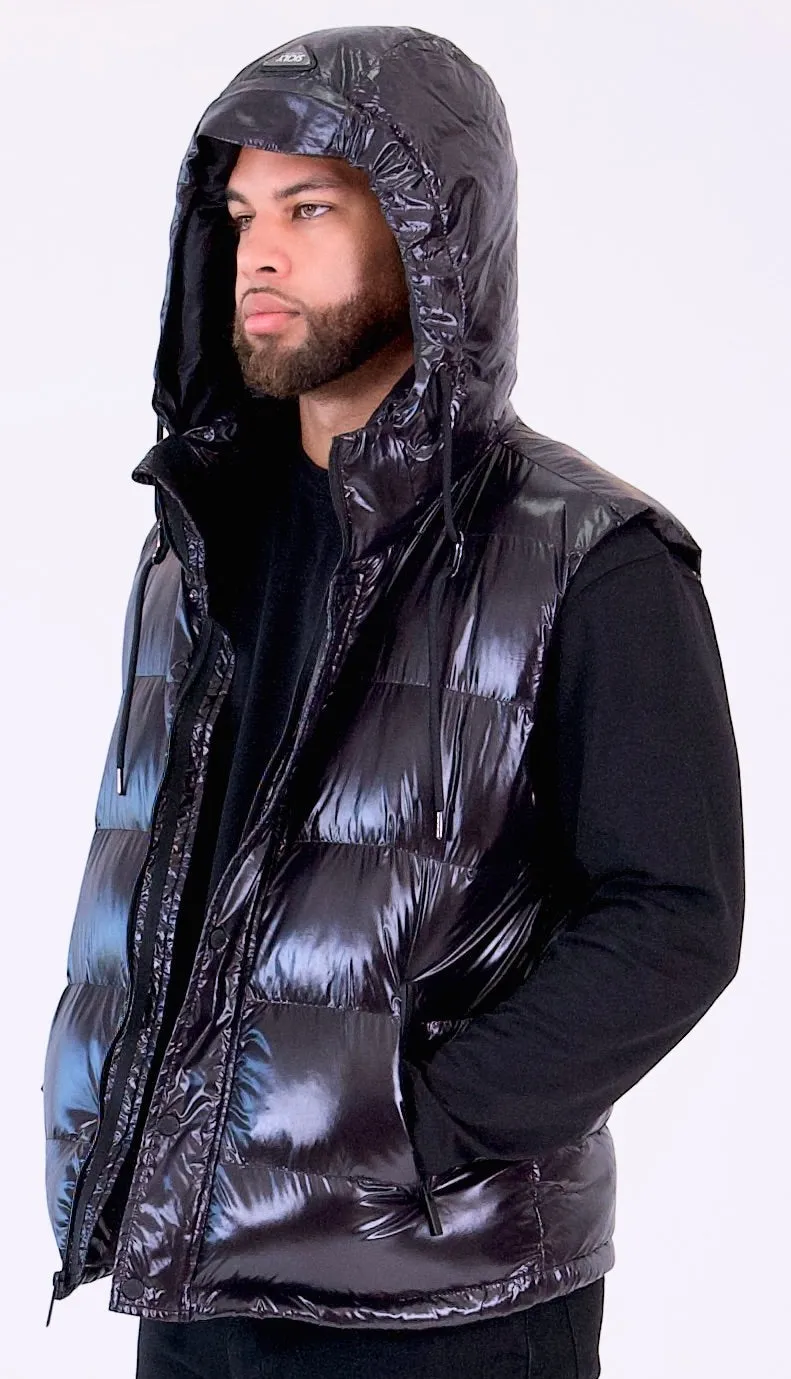 PUFFER VEST | Black Ciré Sheen