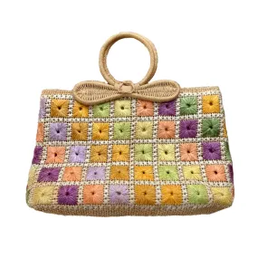 Vintage Rainbow Straw Bag with Orange, Green and Purple Color Blocking. Beach Tote or Market Bag.